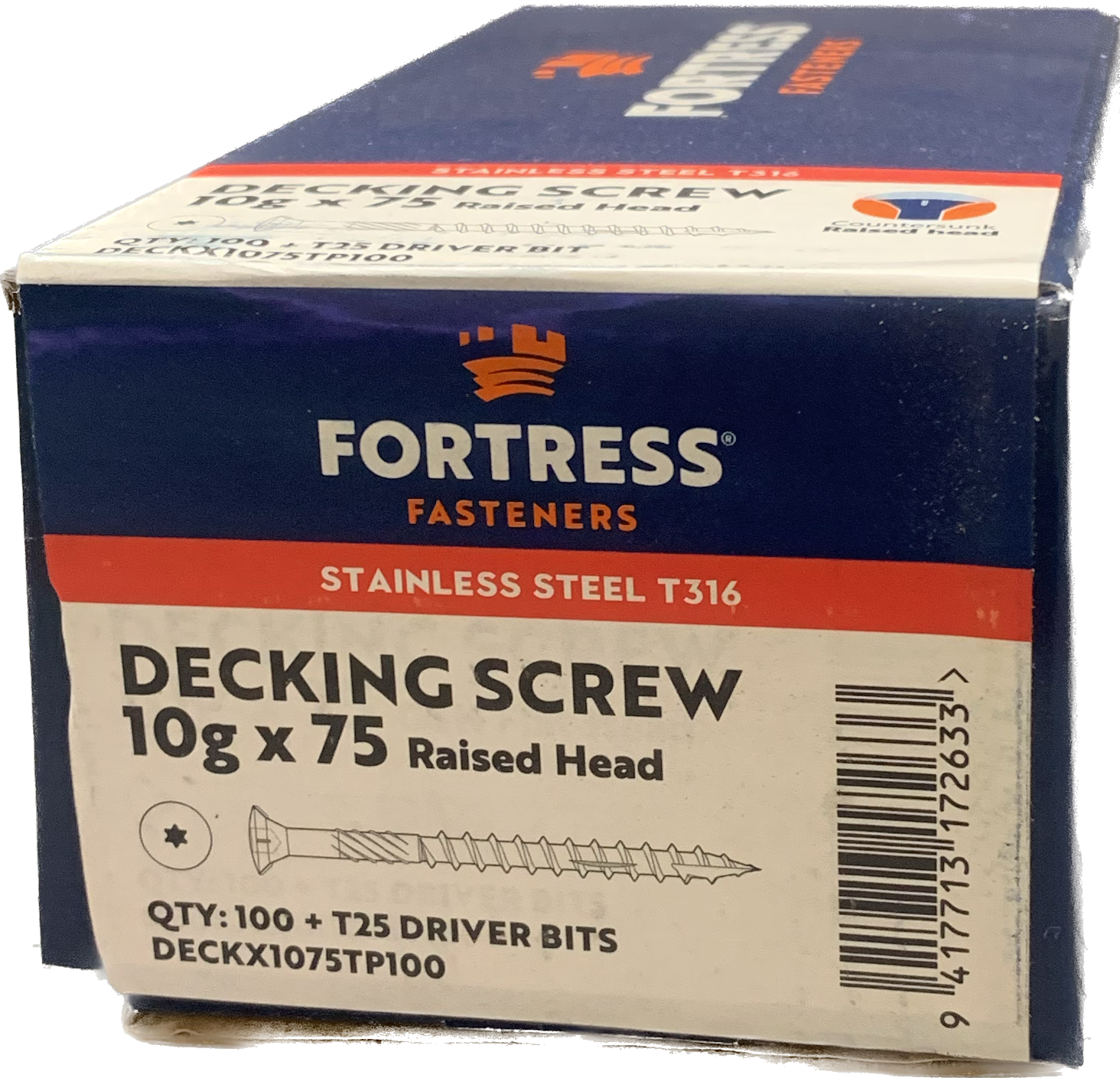 Fortress 316 S/S Raised Torx Deck Screw 10gx75mm + Bit